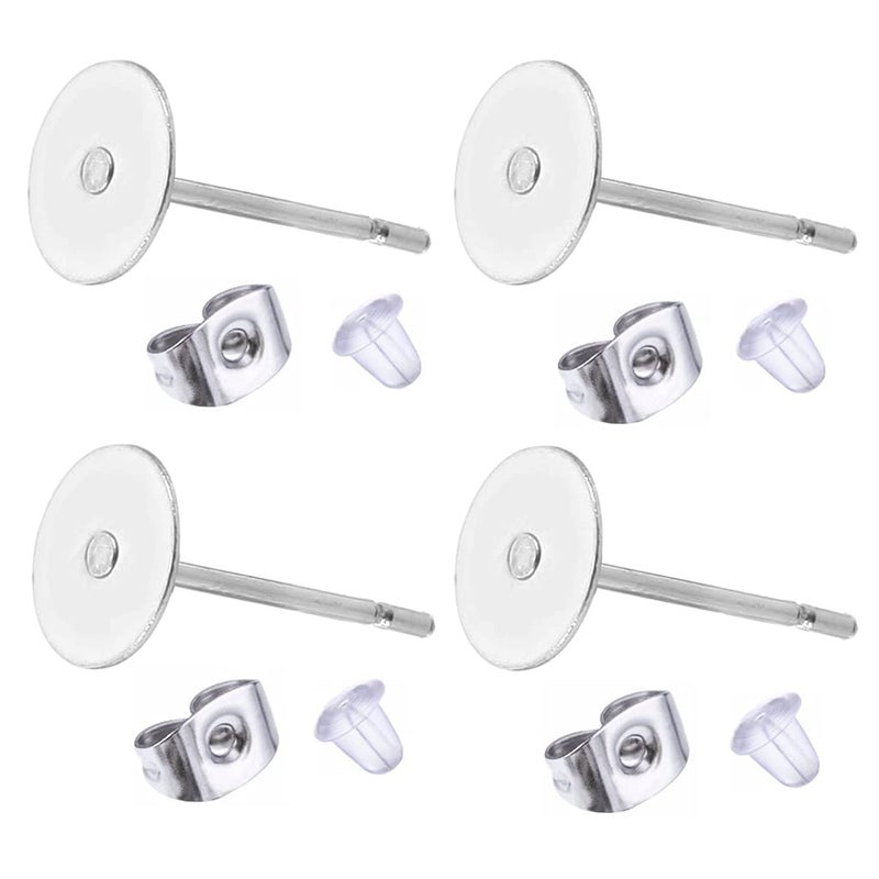 Newless 100 Pieces Stainless Steel Earrings Posts Flat Pad,100 Pieces Butterfly Earring Backs,100 Pieces Bullet Earring Backs,Total 300 Pieces (6mm) - Image 1